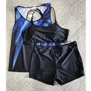Hanna Nikole 3 Piece Tankini Swimsuit Set Blue Black Abstract Print New Tags 20W